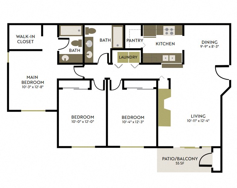 Floor plan for 3 beds, 2 baths, 1150 sqft